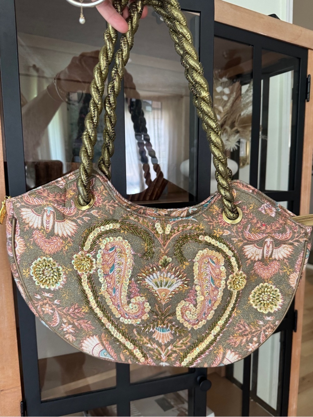 Vintage beaded y2k shoulder bag sequins embellished paisley crescent braided